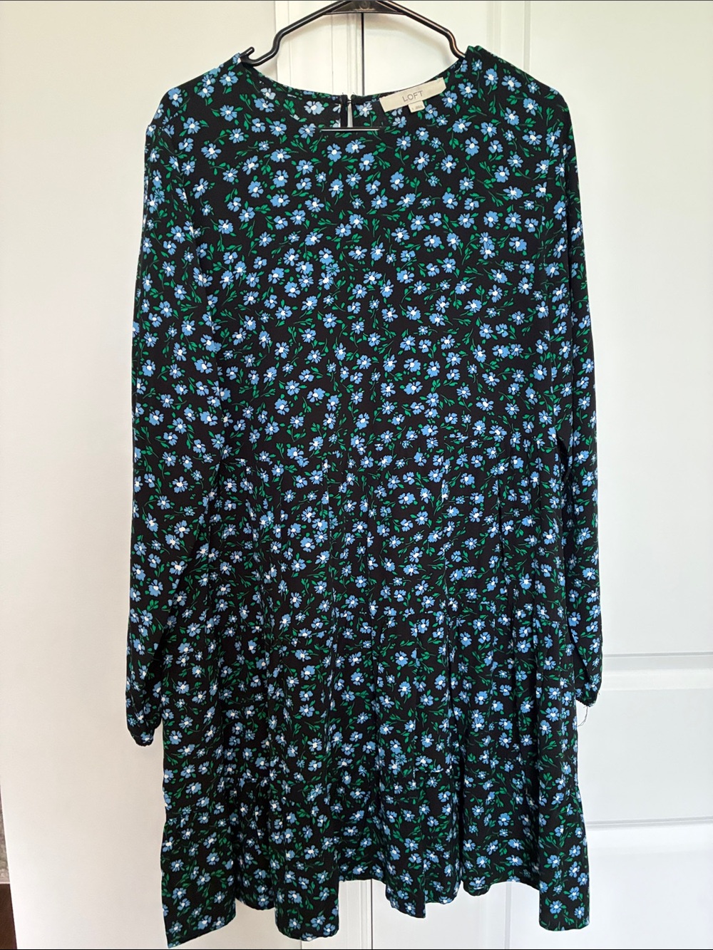 LOFT Black Floral Tiered A-Line Dress with Blue & Green Print